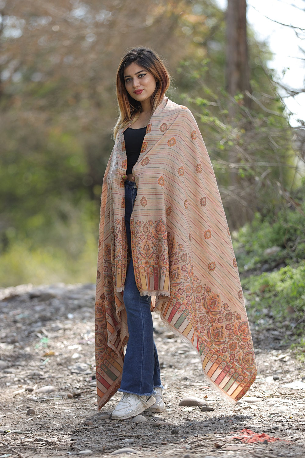 Steady Beige Colour Shawl With Flower Pattern Style Bold
