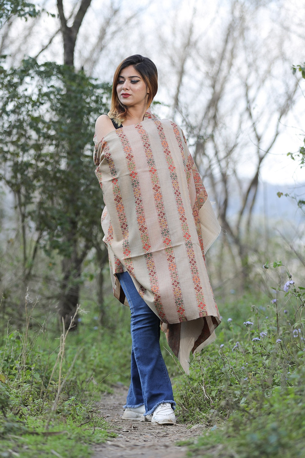 Steady Beige Colour Shawl With Flower Pattern Style Bold