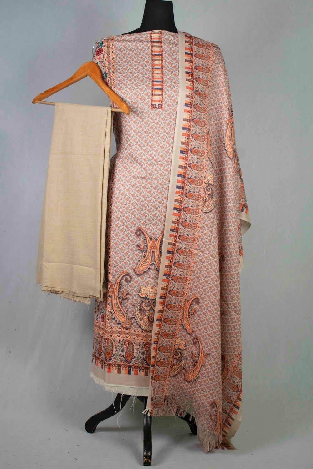 Steady Beige Colour Woolen Kani Printed Suit With Neck