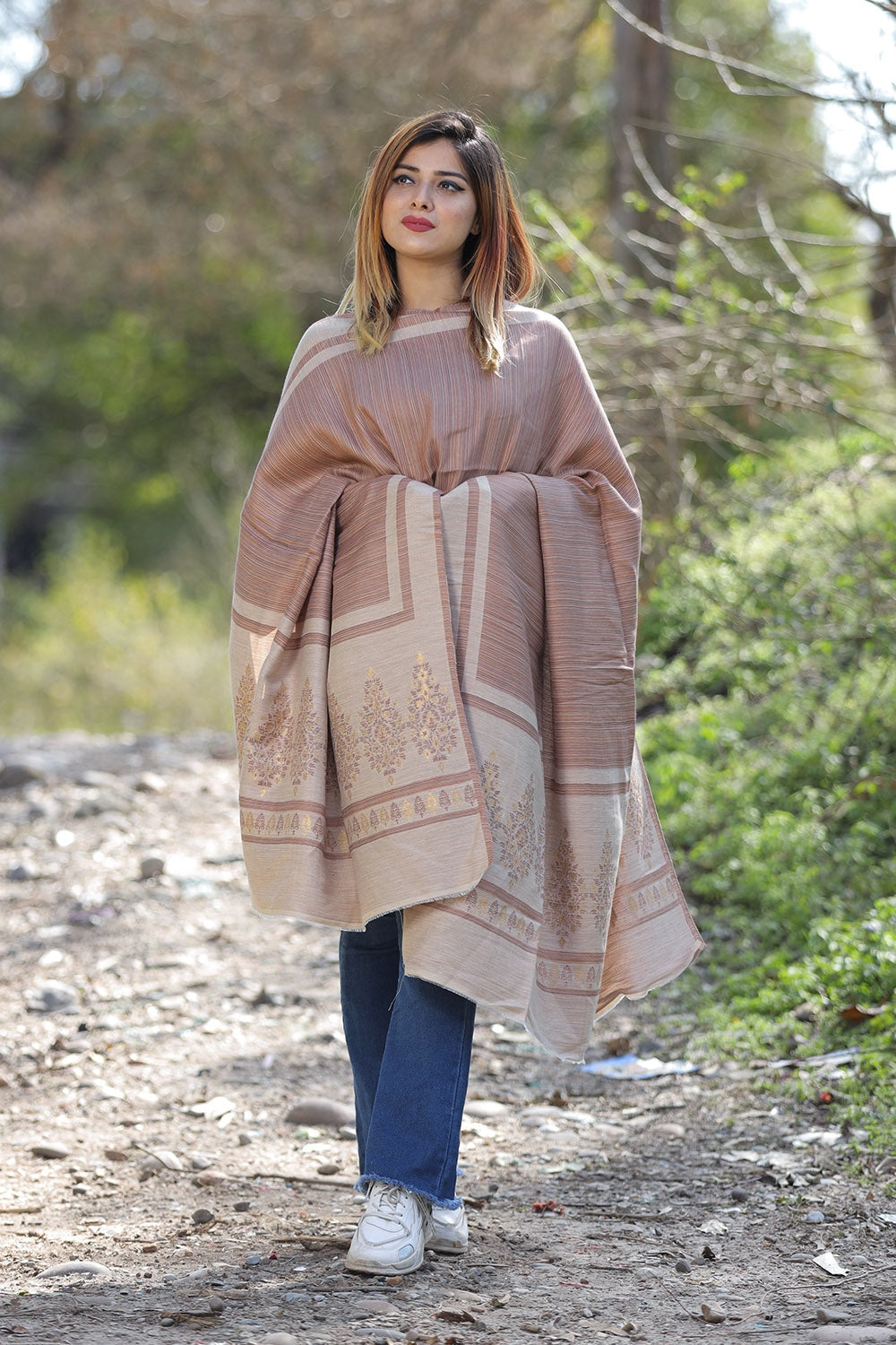 STEADY BEIGE WITH MULTICOLOUR ZARI KASHMIRI SHAWL DEFINES