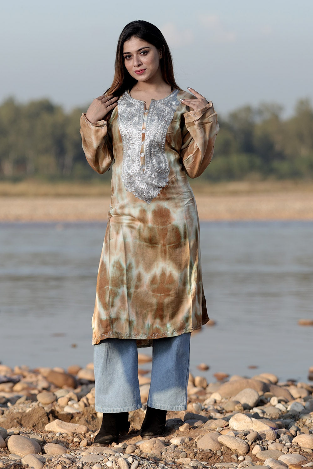 STEADY BROWN COLOUR TIE-DYE Aari Tilla Work Embroidered