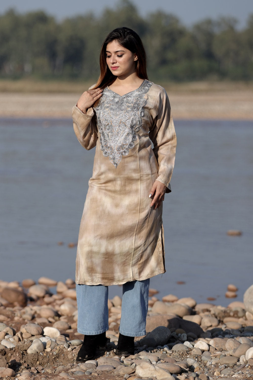 STEADY BROWN COLOUR TIE-DYE Aari Tilla Work Embroidered