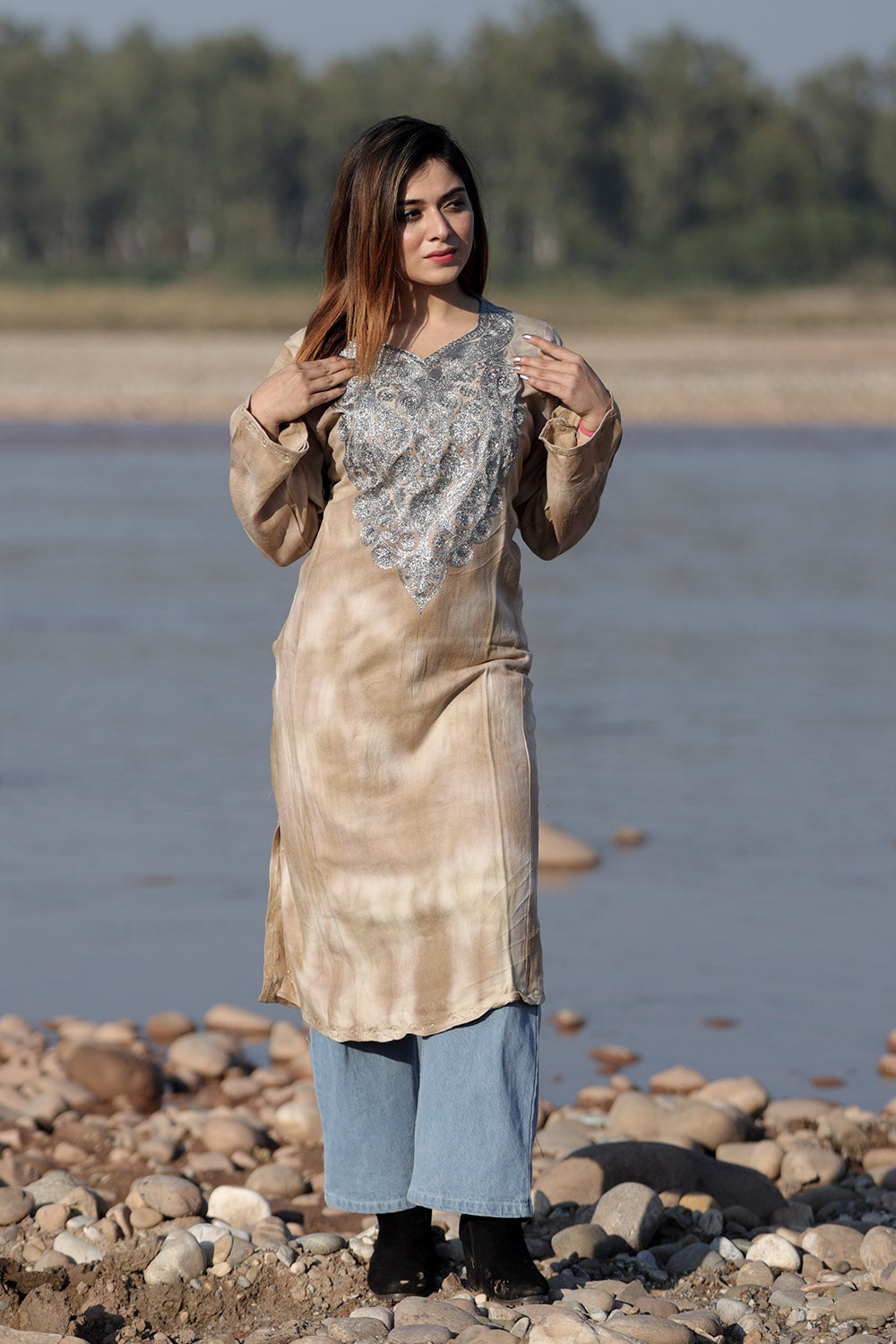 STEADY BROWN COLOUR TIE-DYE Aari Tilla Work Embroidered