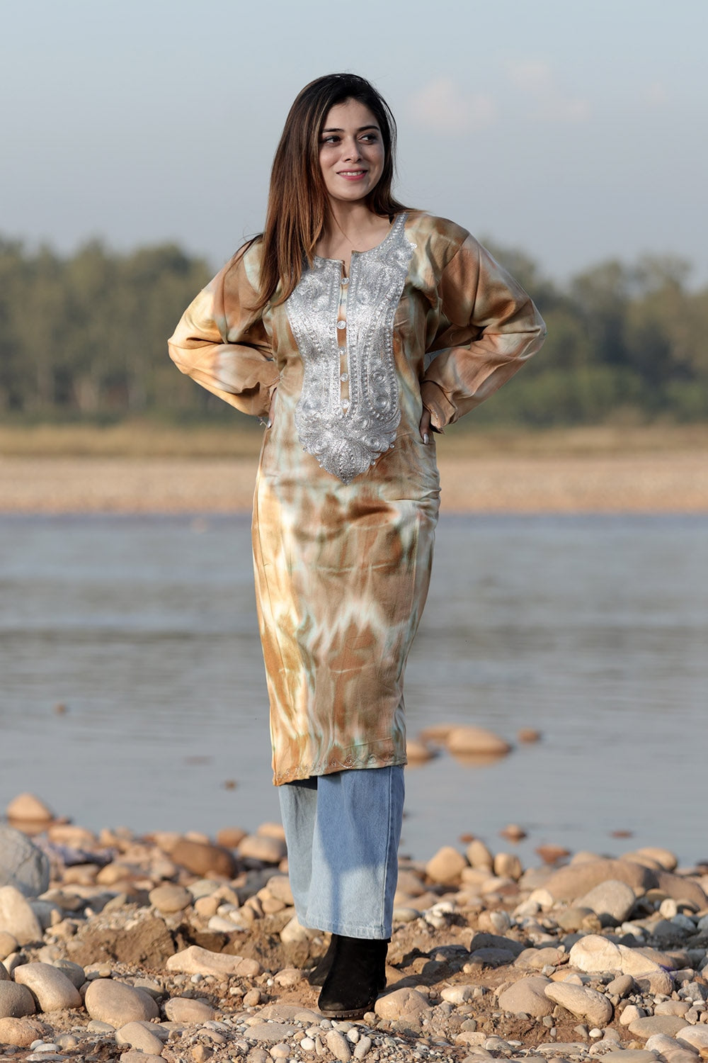 STEADY BROWN COLOUR TIE-DYE Aari Tilla Work Embroidered