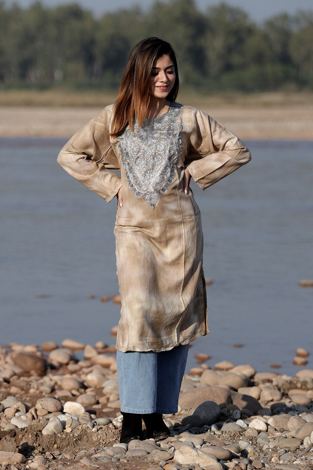 STEADY BROWN COLOUR TIE-DYE Aari Tilla Work Embroidered