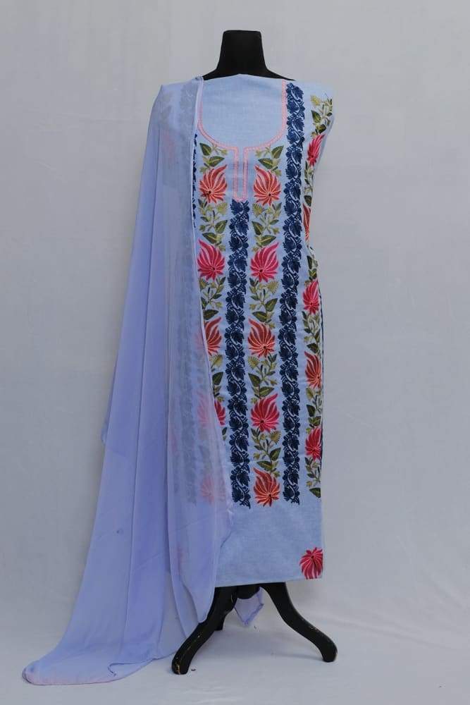 Stunning Blue Color Designer Aari Work With Flower Neckline