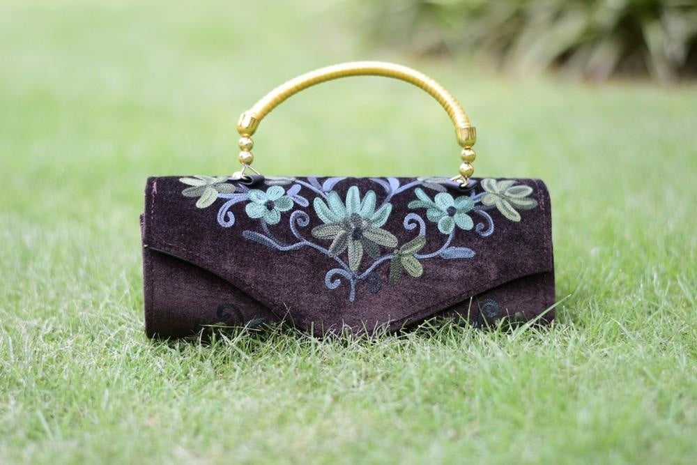 Suede Brown Color Kashmiri Embroidered Hand Clutch