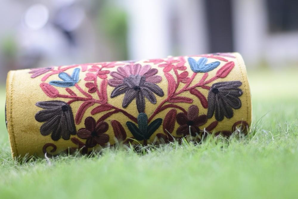 Suede Mustard Color Kashmiri Embroidered Hand Clutch