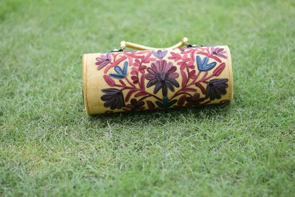Suede Mustard Color Kashmiri Embroidered Hand Clutch