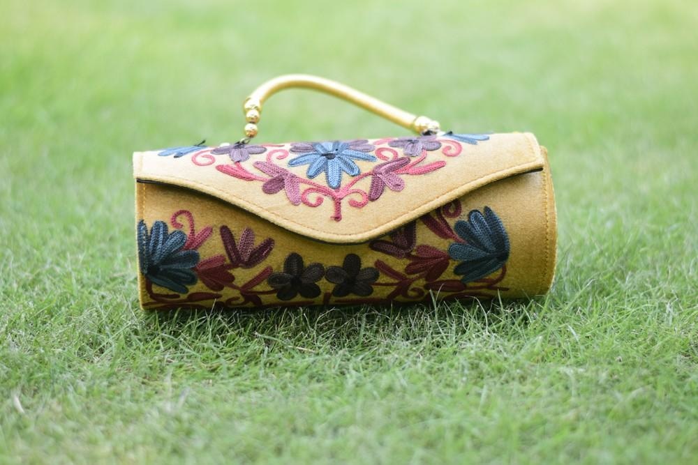 Suede Mustard Color Kashmiri Embroidered Hand Clutch