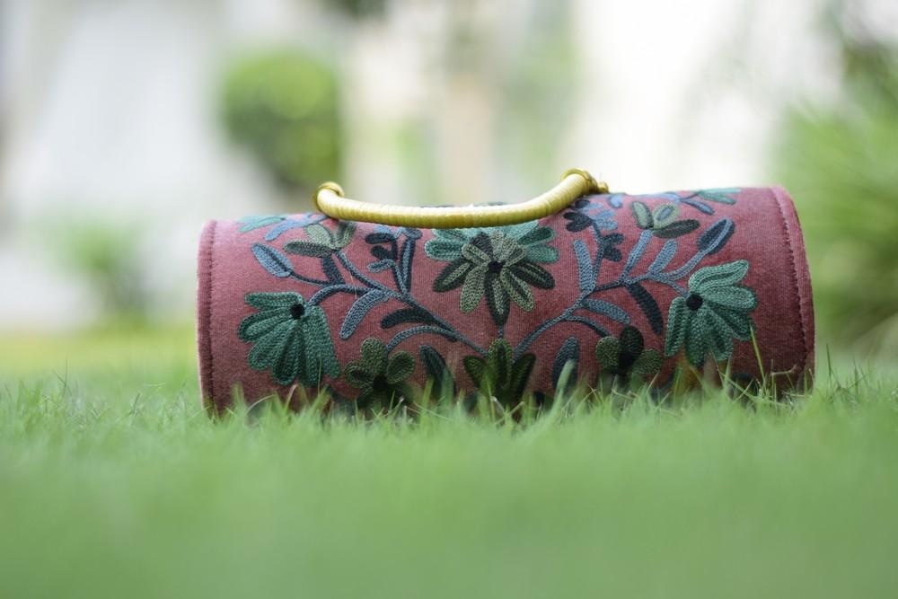 Suede Pink Color Kashmiri Embroidered Hand Clutch