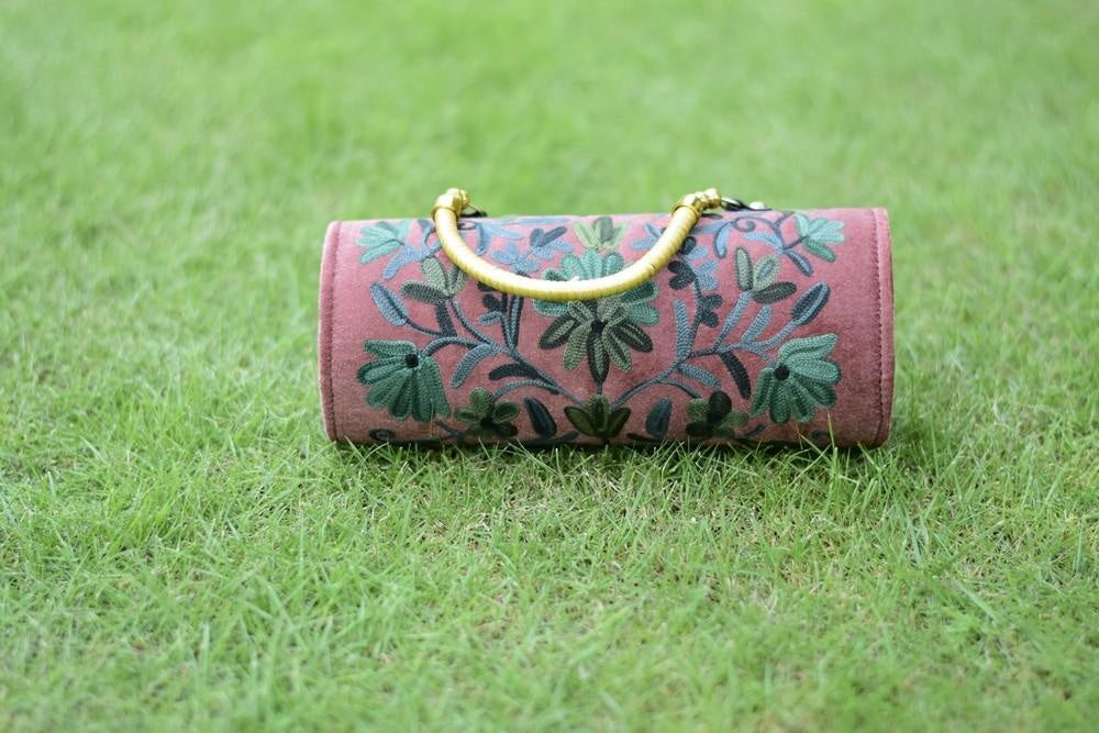 Suede Pink Color Kashmiri Embroidered Hand Clutch