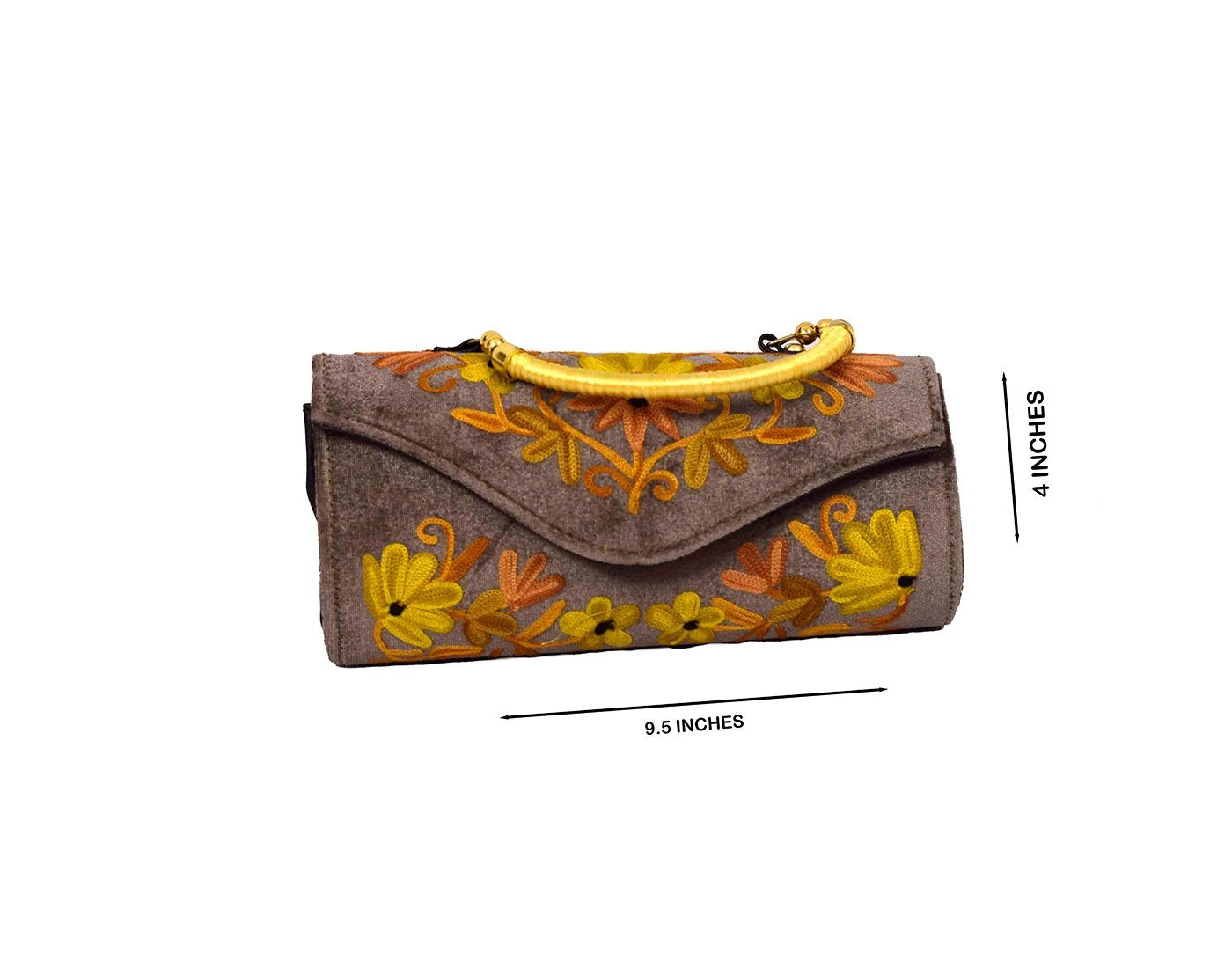 Suede Steel Grey Color Kashmiri Embroidered Hand Clutch