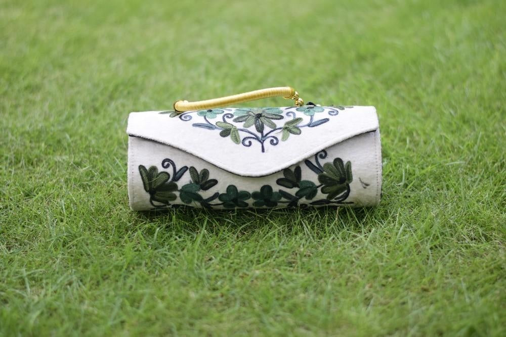 Suede White Grey Color Kashmiri Embroidered Hand Clutch