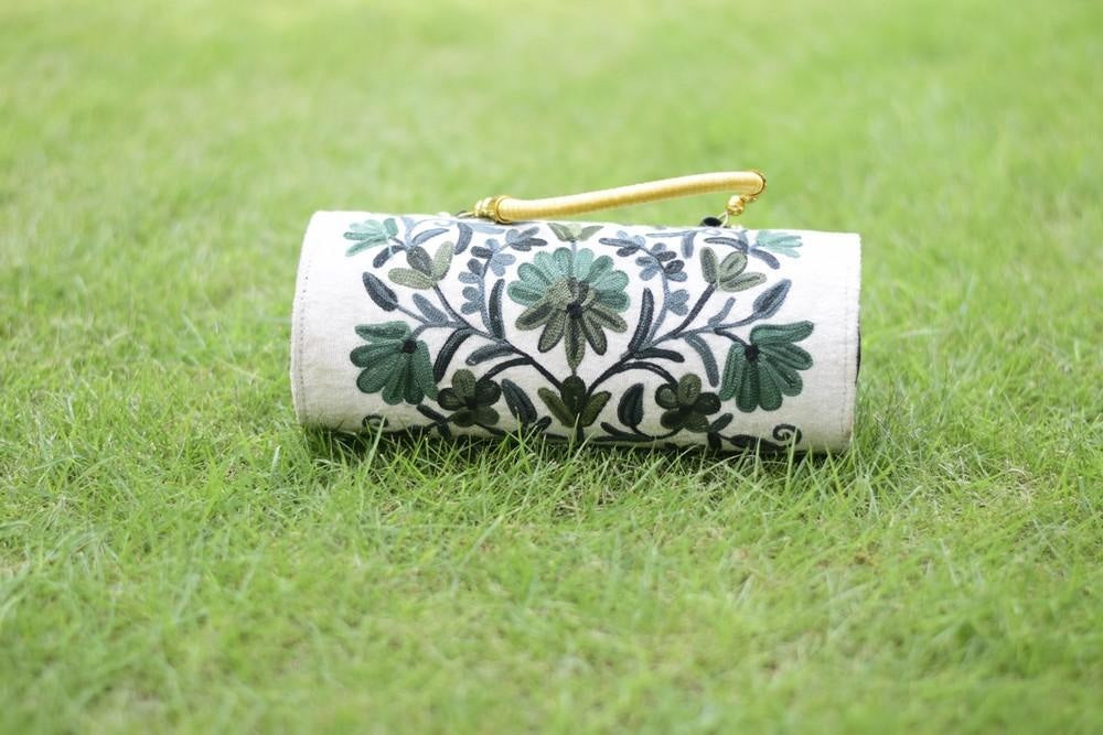Suede White Grey Color Kashmiri Embroidered Hand Clutch
