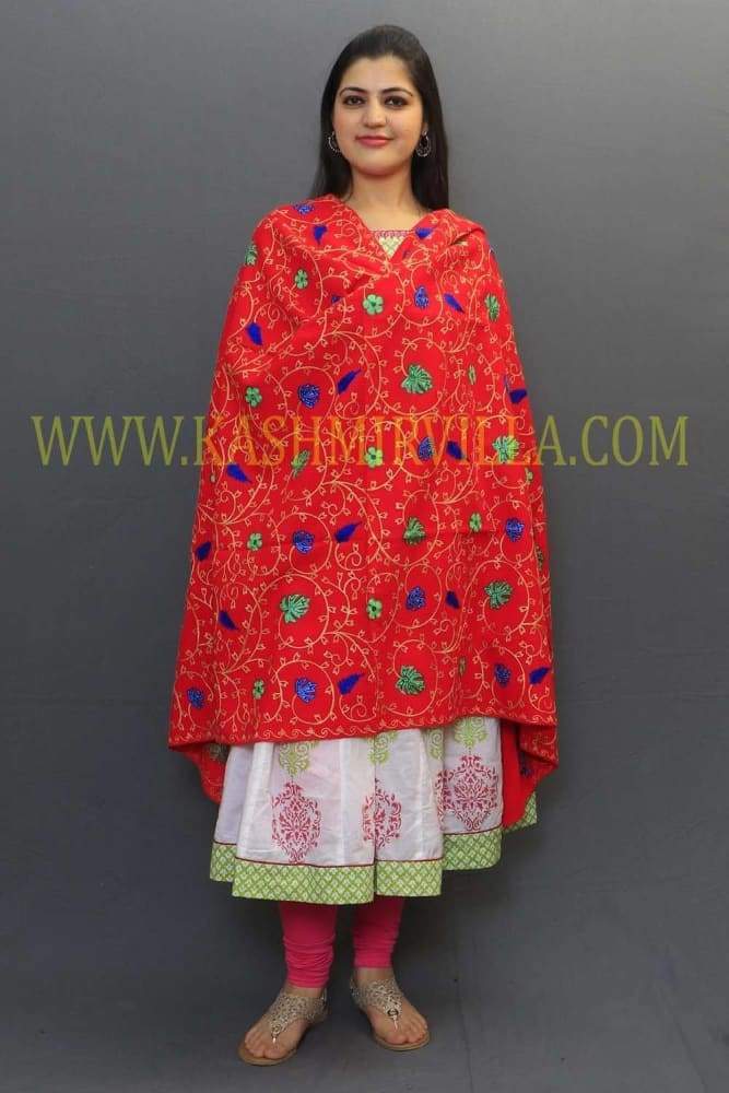 Superior Red Colour Shawl With Amazingly Crafted Jall