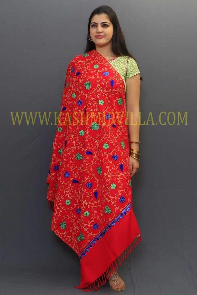 Superior Red Colour Shawl With Amazingly Crafted Jall