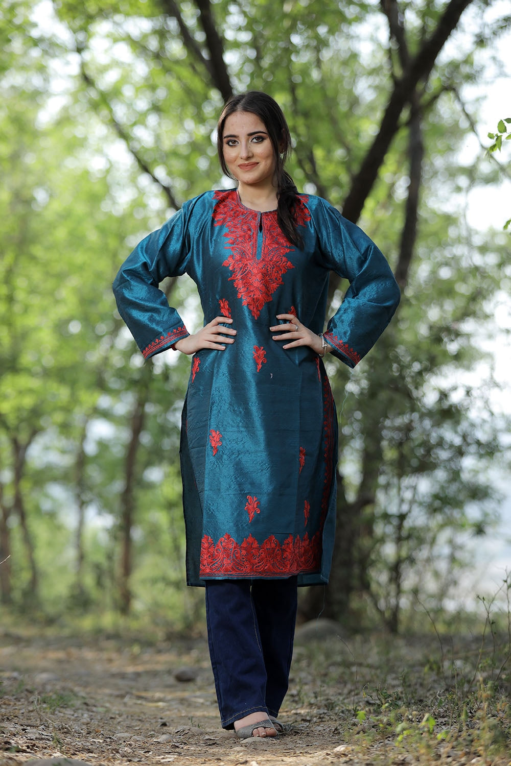 Teal Blue Colour Rayon Silk Kurti With Beautiful Aari