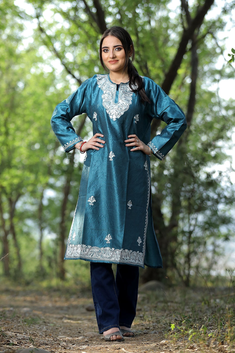 Teal Blue Colour Rayon Silk Kurti With Beautiful Aari
