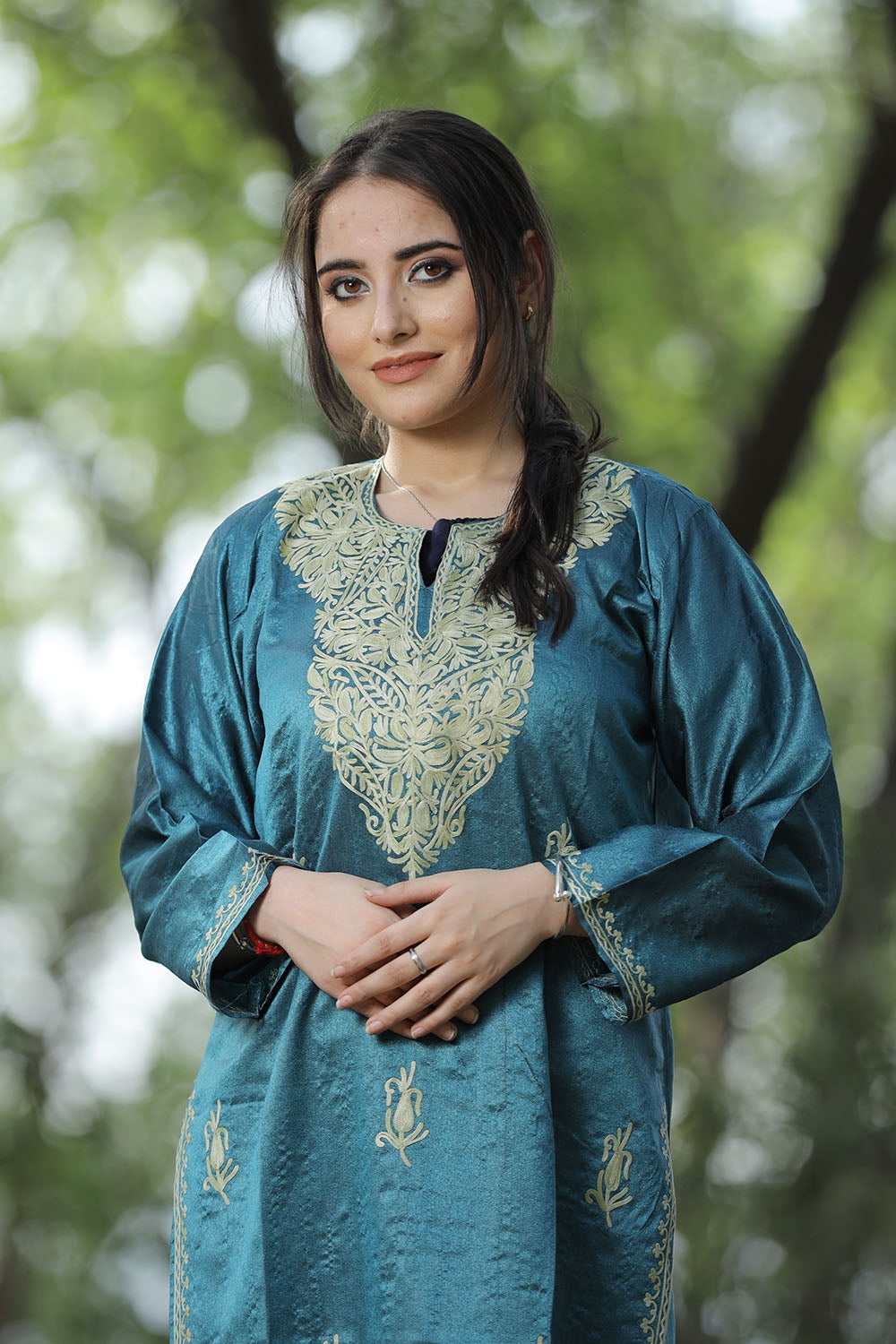 Teal Colour Rayon Silk Kurti With Beautiful Aari Embroidery