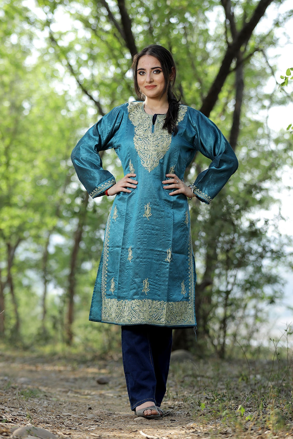Teal Colour Rayon Silk Kurti With Beautiful Aari Embroidery