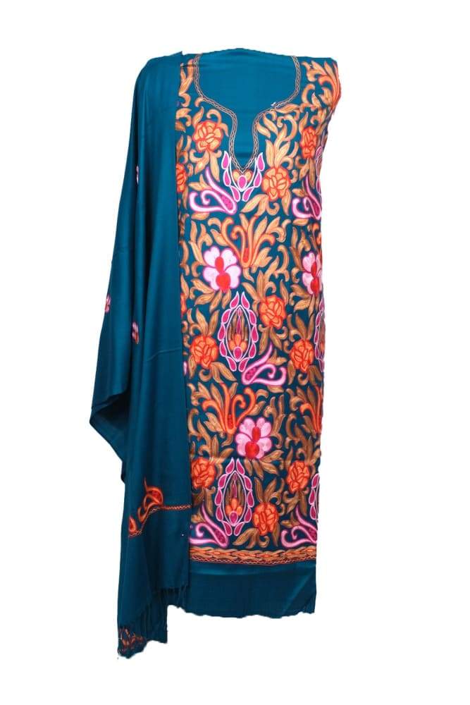 Tint Blue Color Kashmiri Aari Work Unstitched Woollen Suit