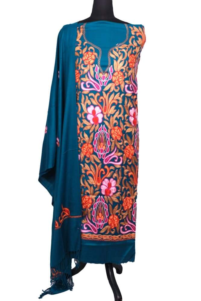Tint Blue Color Kashmiri Aari Work Unstitched Woollen Suit