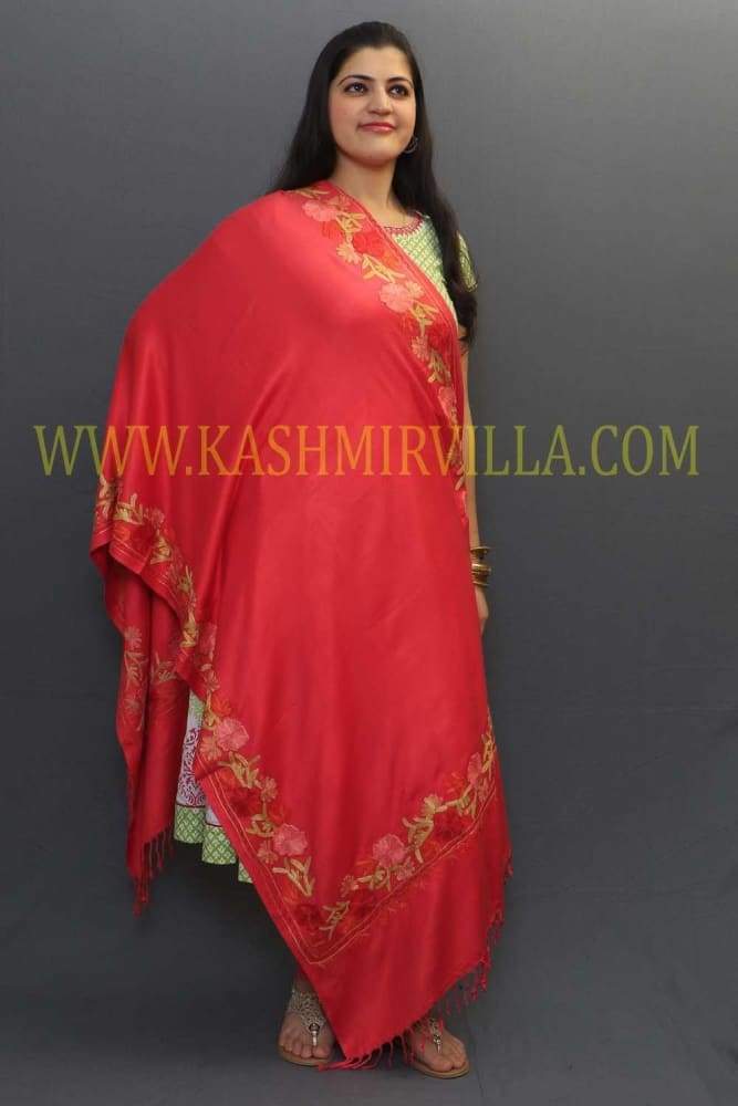 Tomato Red Color Stole Enriched With Aari Border Looking