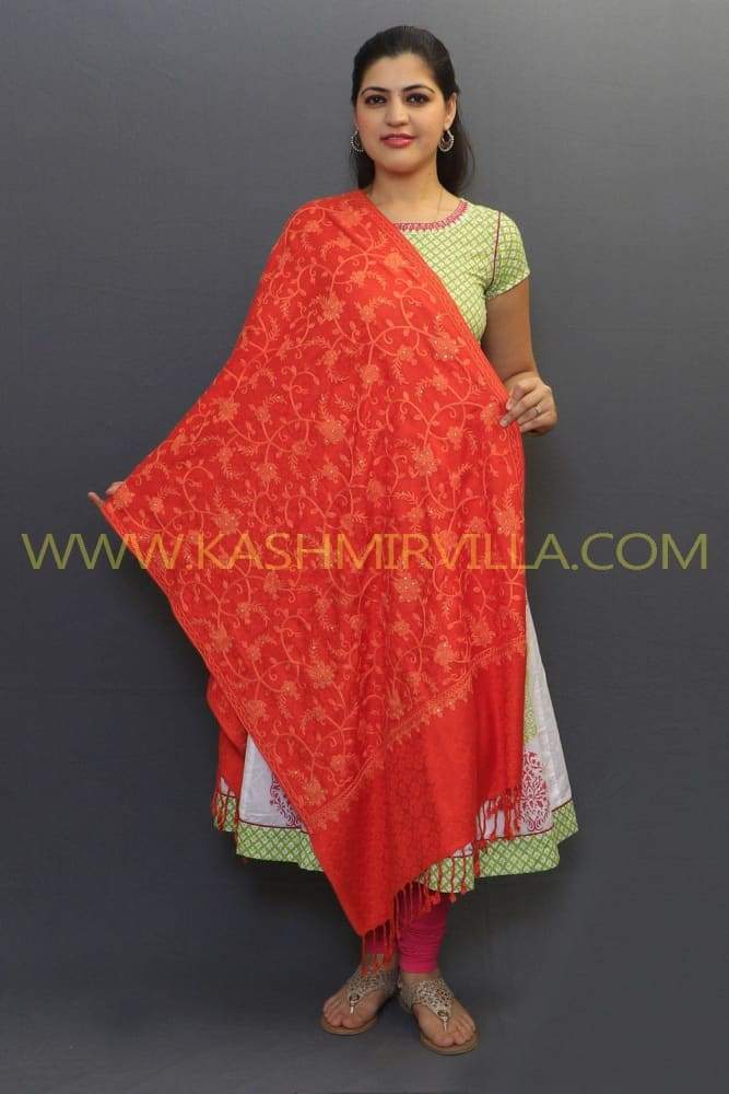 Tomato Red Color Stole Enriched With Aari Embroidery
