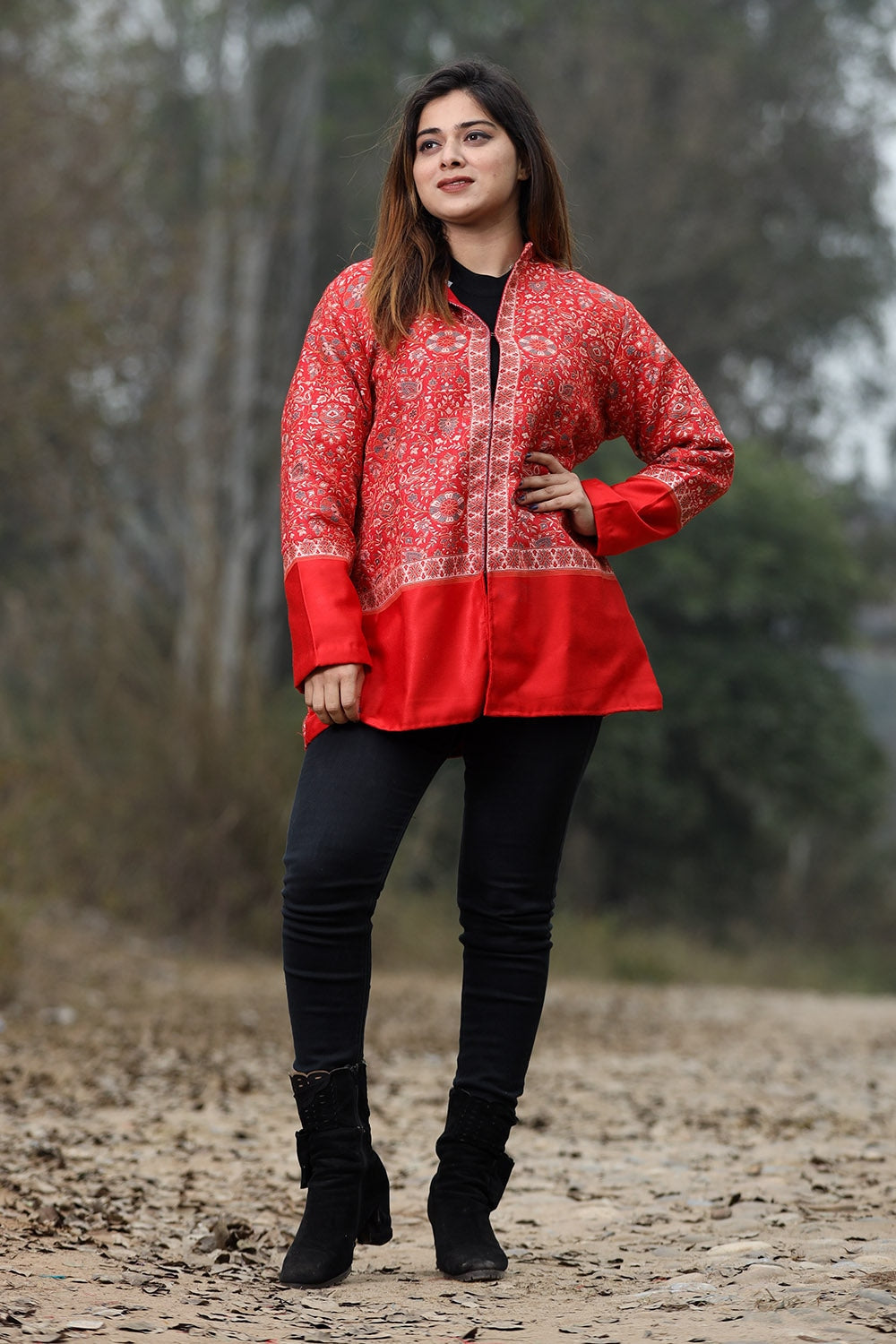 Traditional Red Colour Jamawar Woven Jacket With Beautiful