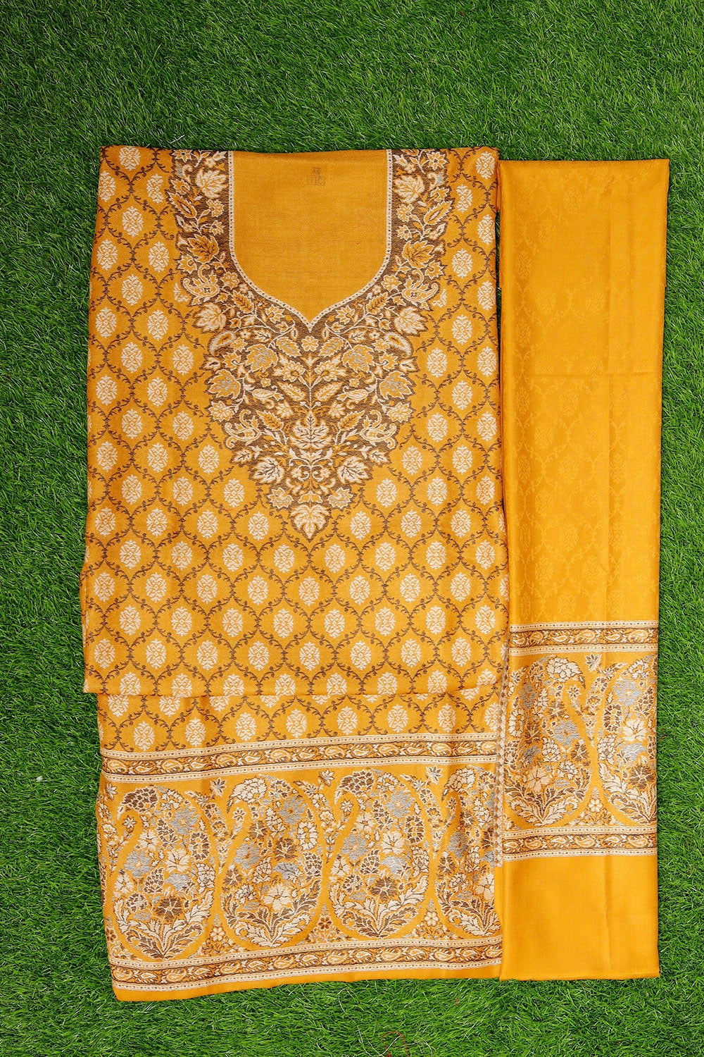 Traditional Kashmiri Mustard Colour Cotton Kani Stole Suit