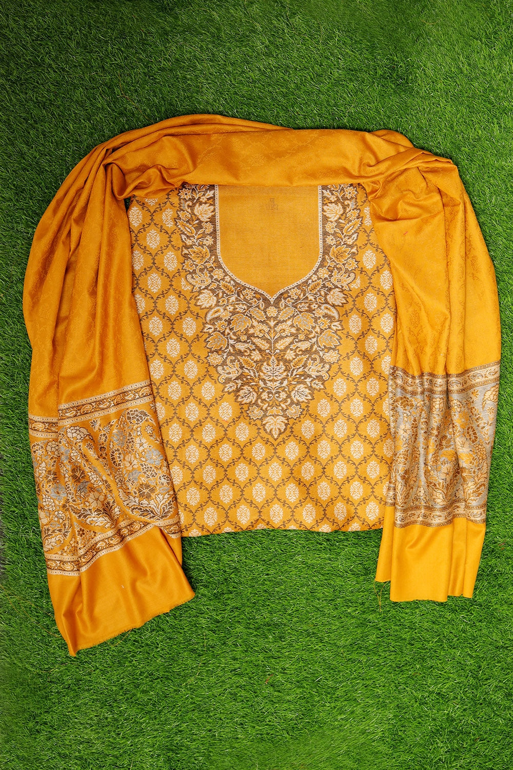 Traditional Kashmiri Mustard Colour Cotton Kani Stole Suit