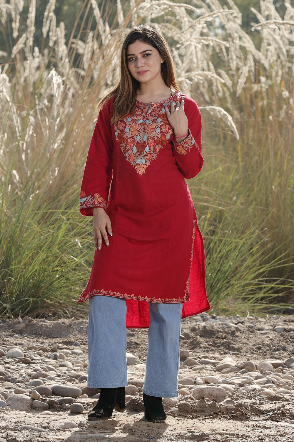 TRADITIONAL MAROON COLOUR AARI WORK EMBROIDERED KURTI