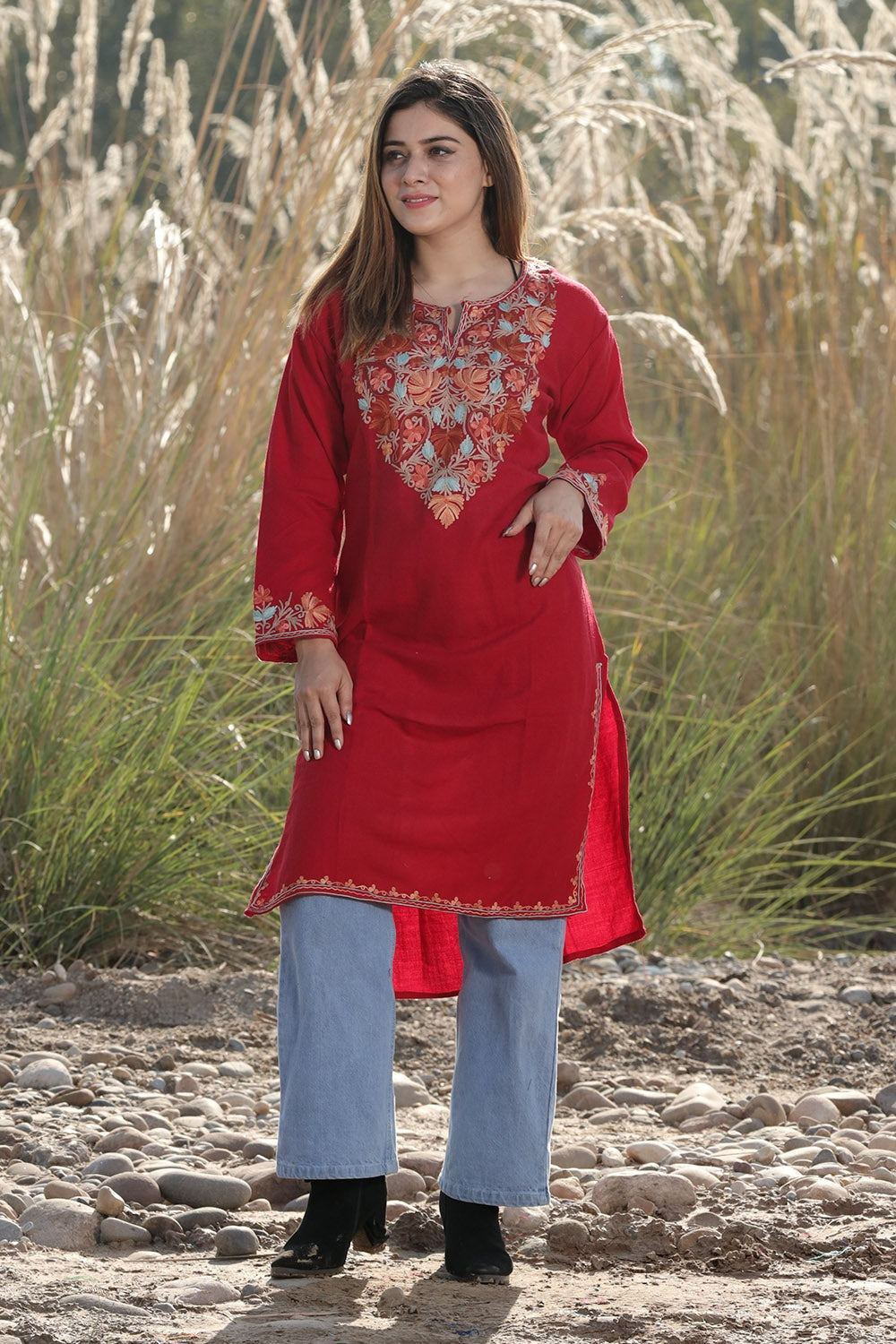 TRADITIONAL MAROON COLOUR AARI WORK EMBROIDERED KURTI
