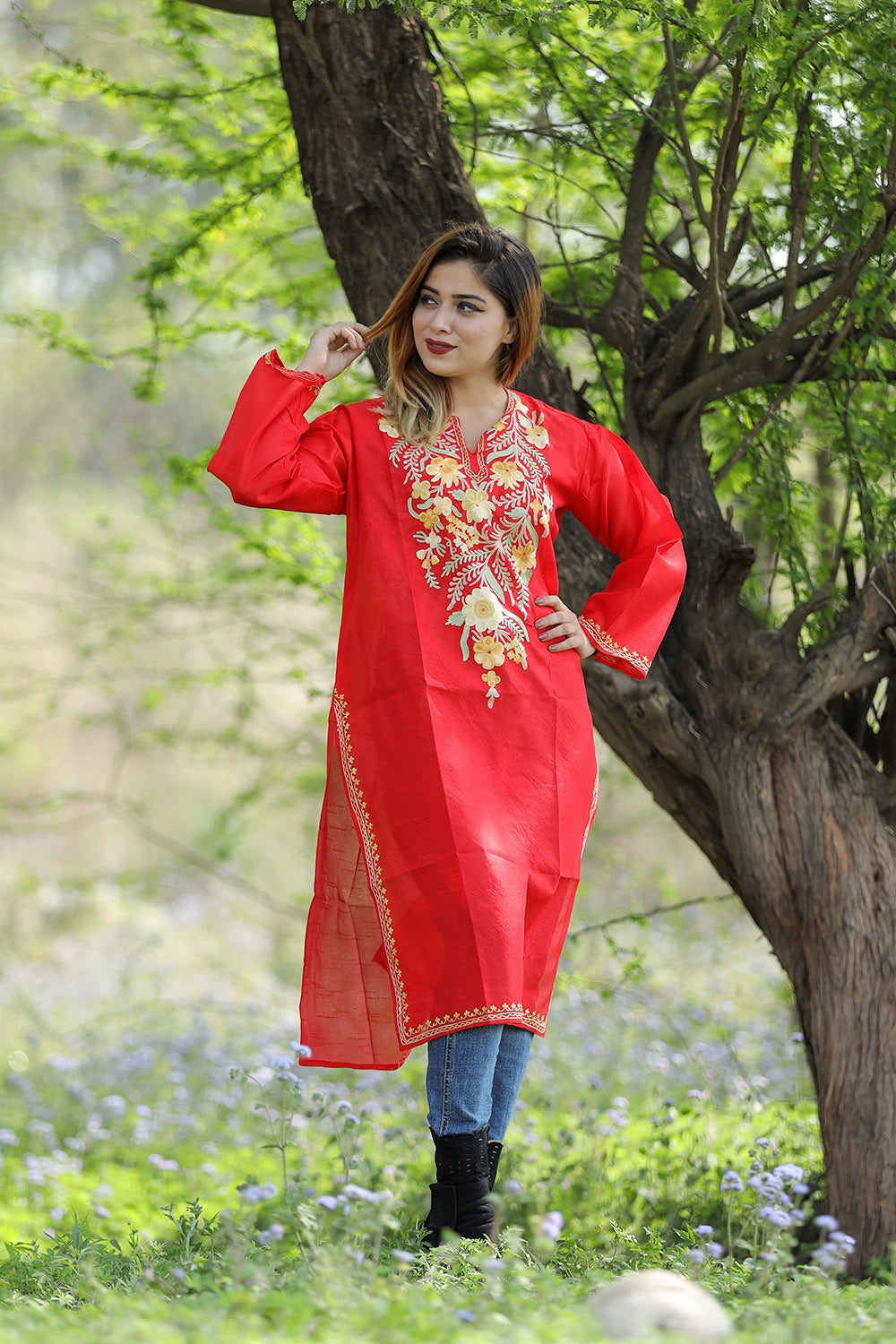 Traditional Red Colour Rayon Silk Kurti With Beautiful Aari