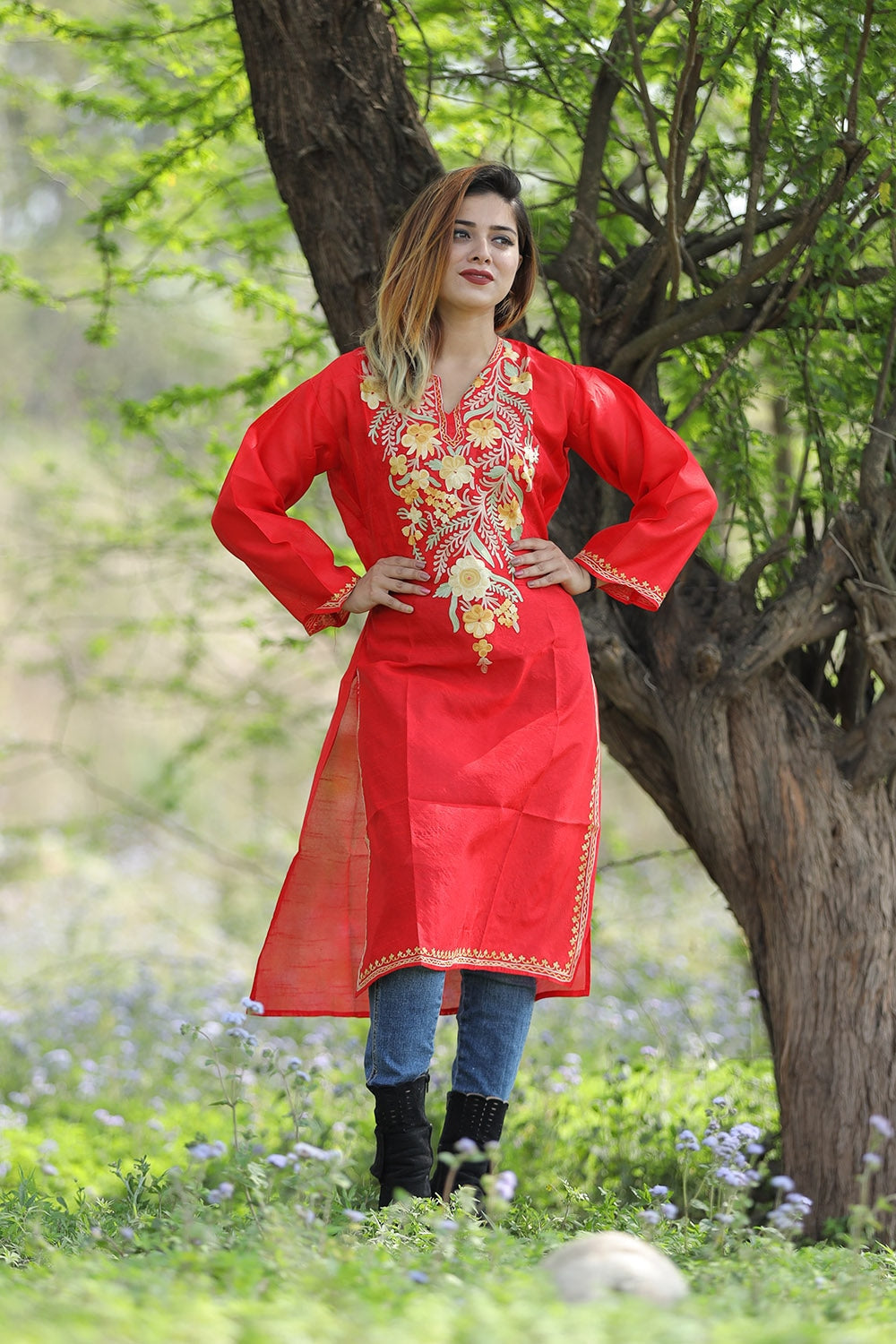 Traditional Red Colour Rayon Silk Kurti With Beautiful Aari