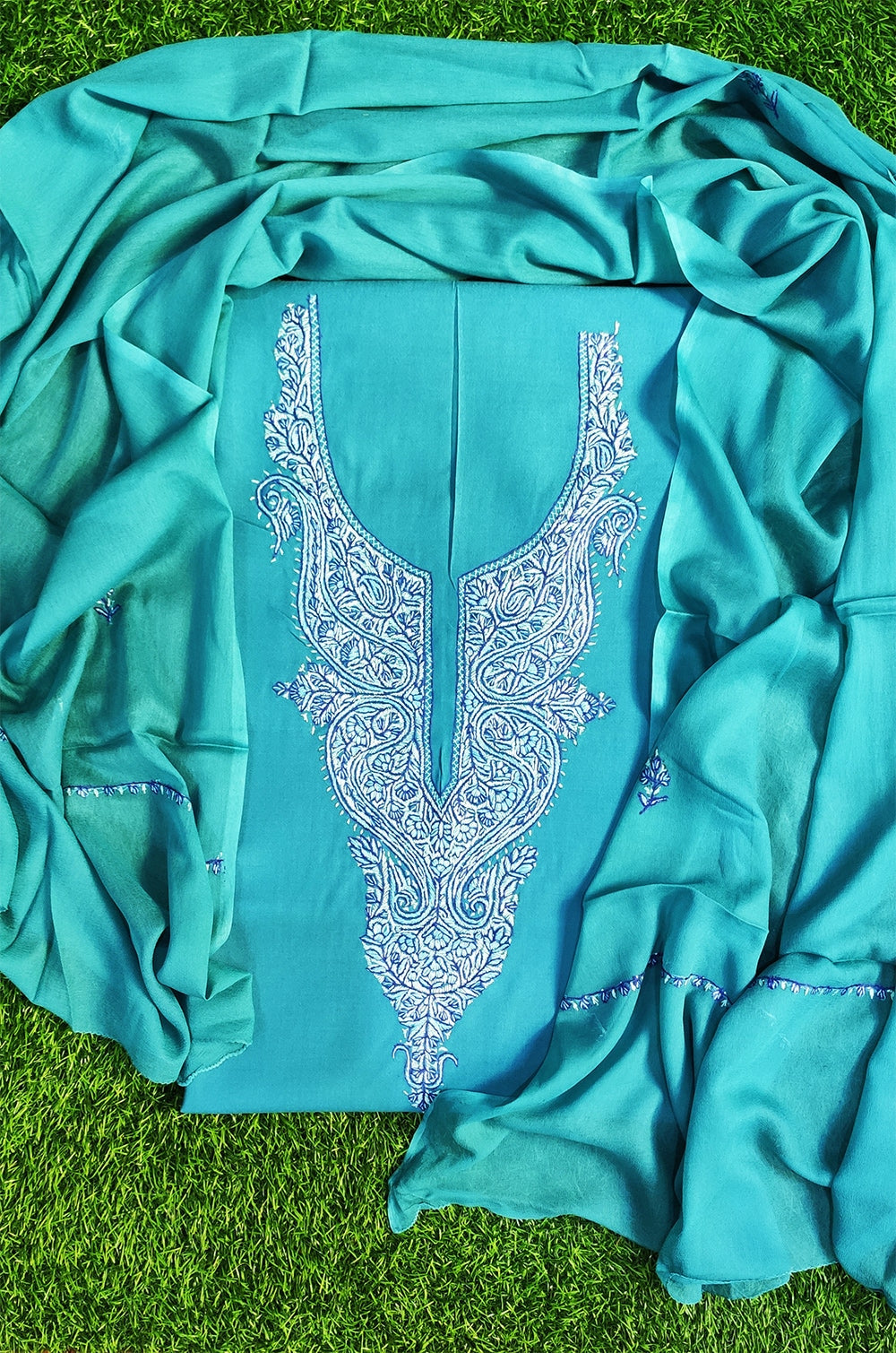 Turquise Blue Colour Cotton Suit With Beautiful Kashmiri