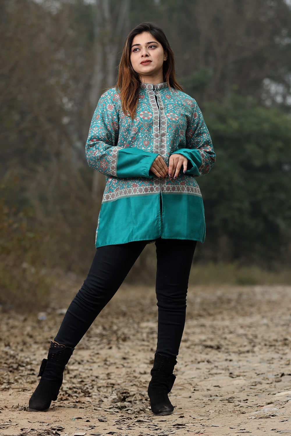 Turquoise Blue Colour Jamawar Woven Jacket With Beautiful