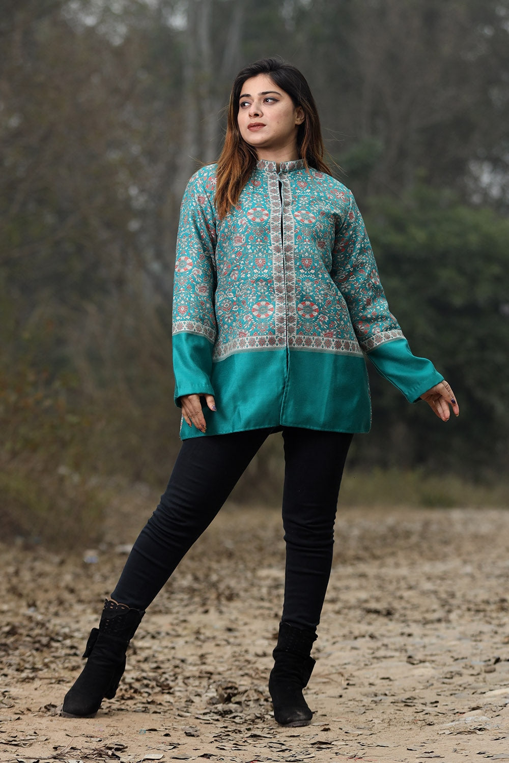Turquoise Blue Colour Jamawar Woven Jacket With Beautiful
