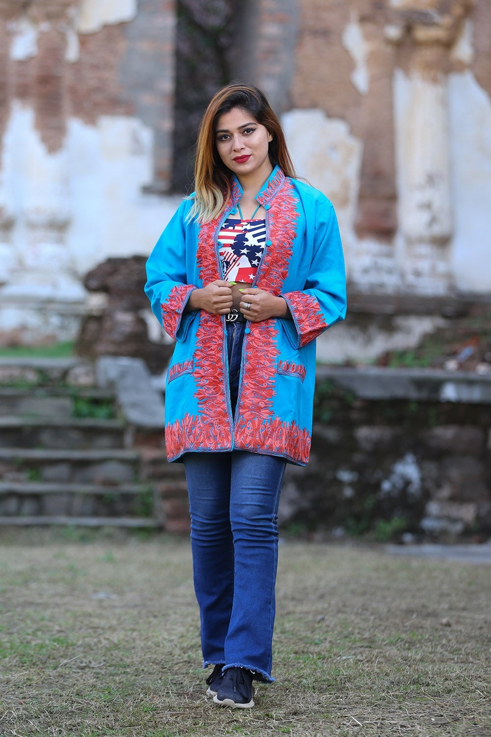 Turquoise Blue Colour Kashmiri Aari Work Embroidered Jacket