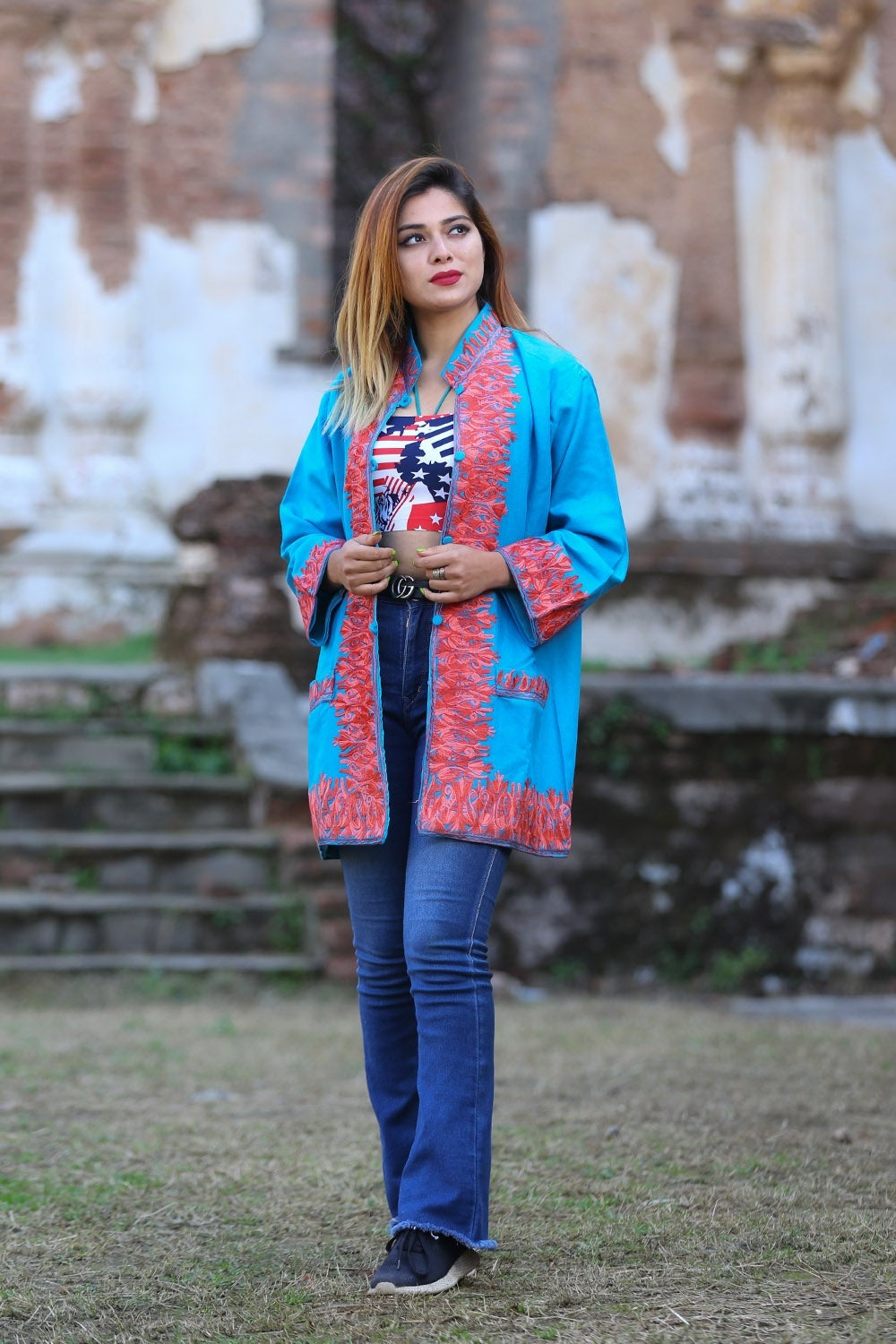 Turquoise Blue Colour Kashmiri Aari Work Embroidered Jacket