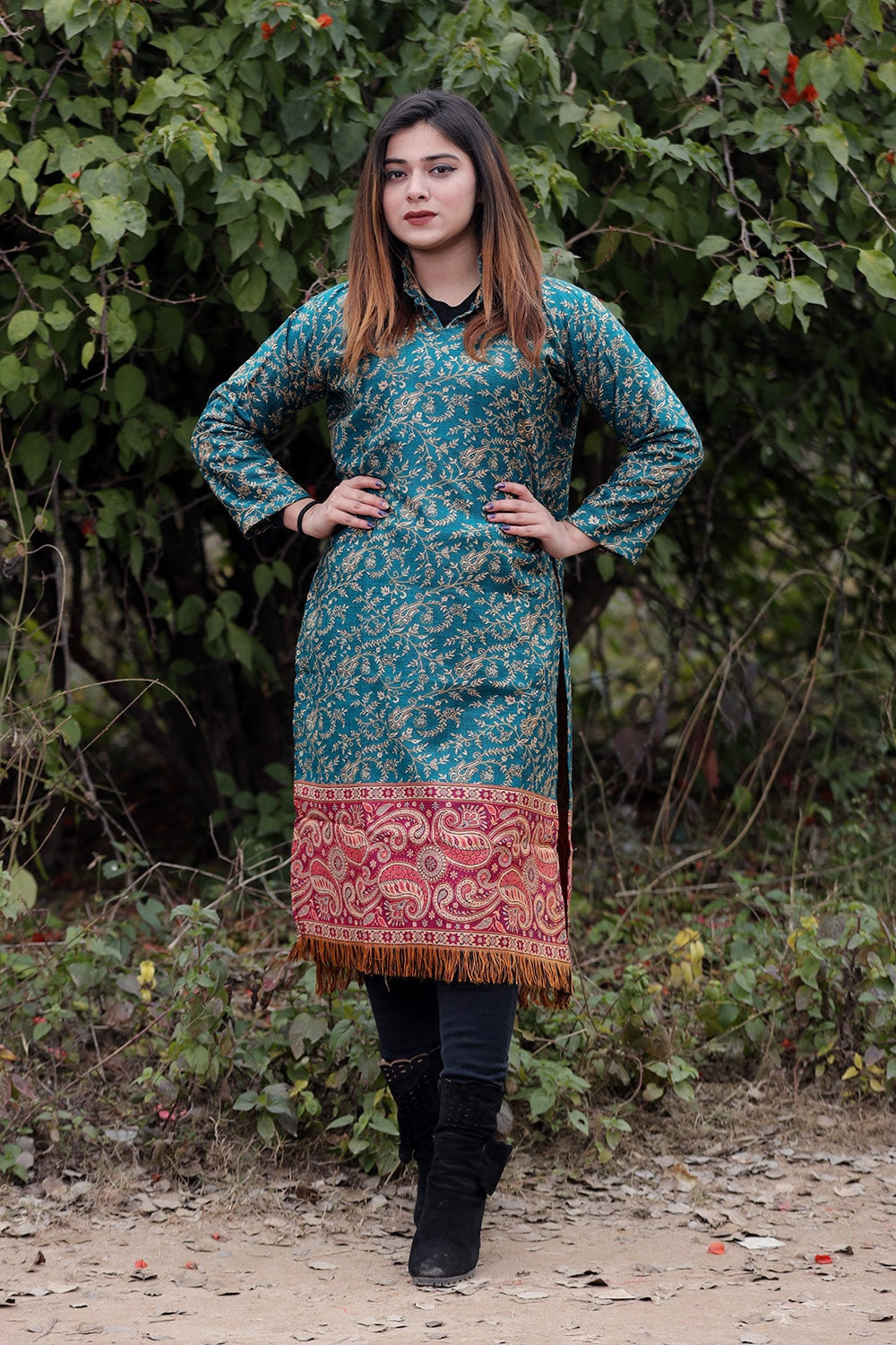 TURQUOISE BLUE COLOUR KASHMIRI WOVEN KURTA WITH NEW DESIGNER