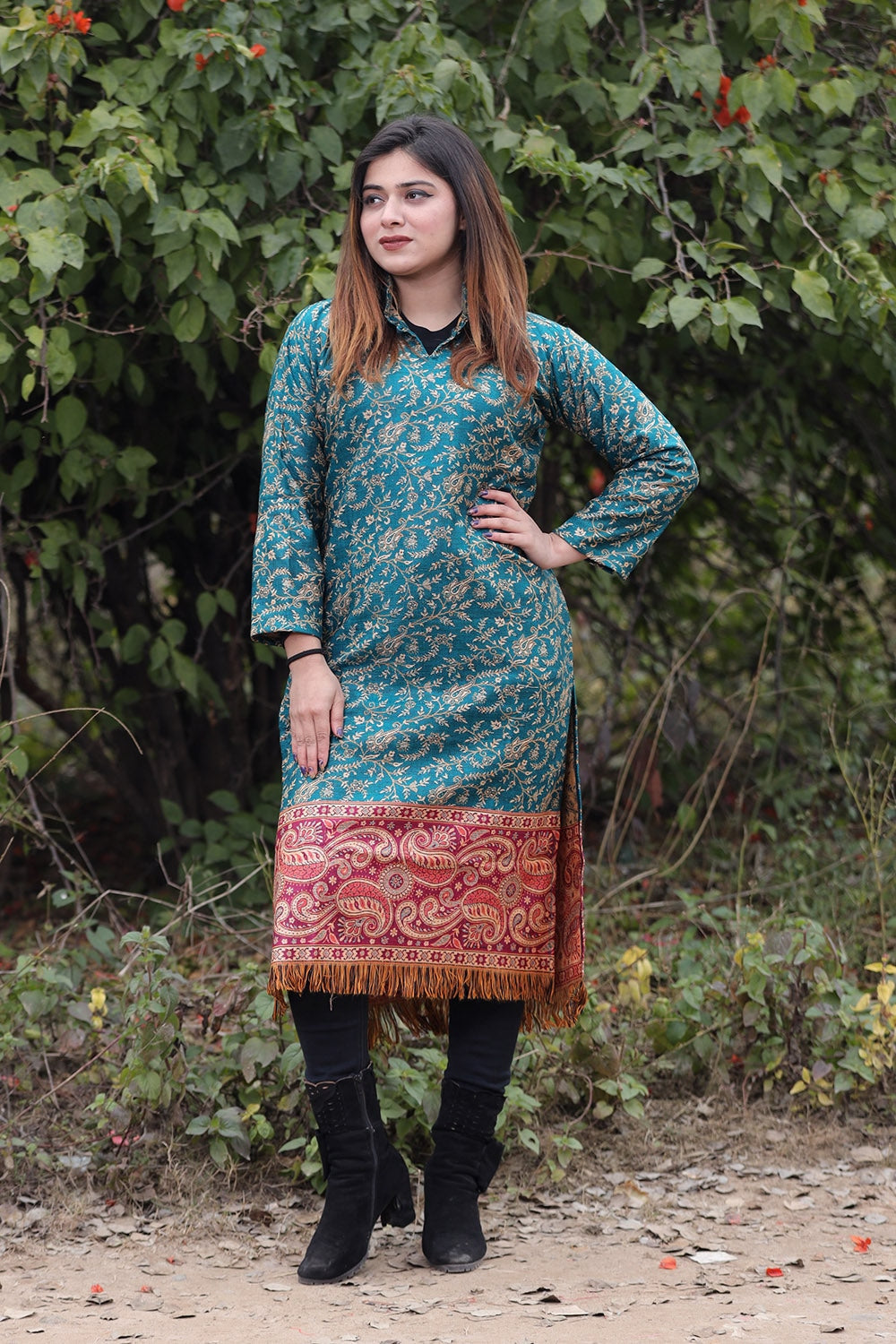 TURQUOISE BLUE COLOUR KASHMIRI WOVEN KURTA WITH NEW DESIGNER