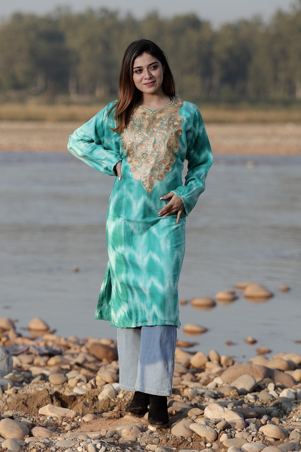 TURQUOISE BLUE COLOUR TIE-DYE Aari Tilla Work Embroidered