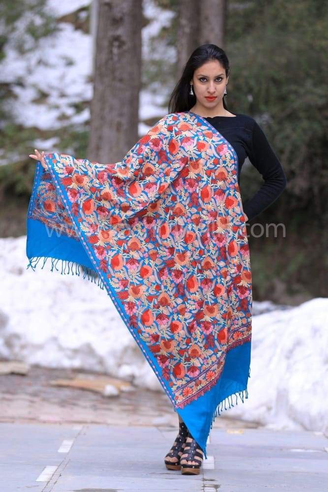 Turquoise Color Base With Aari Work Embroidered Stoles