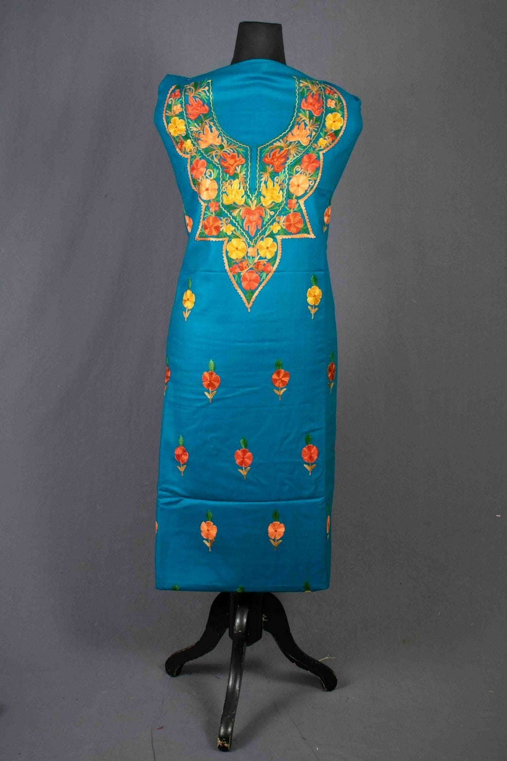 Turquoise Green Color Kashmiri Aari Work Heavy Neck