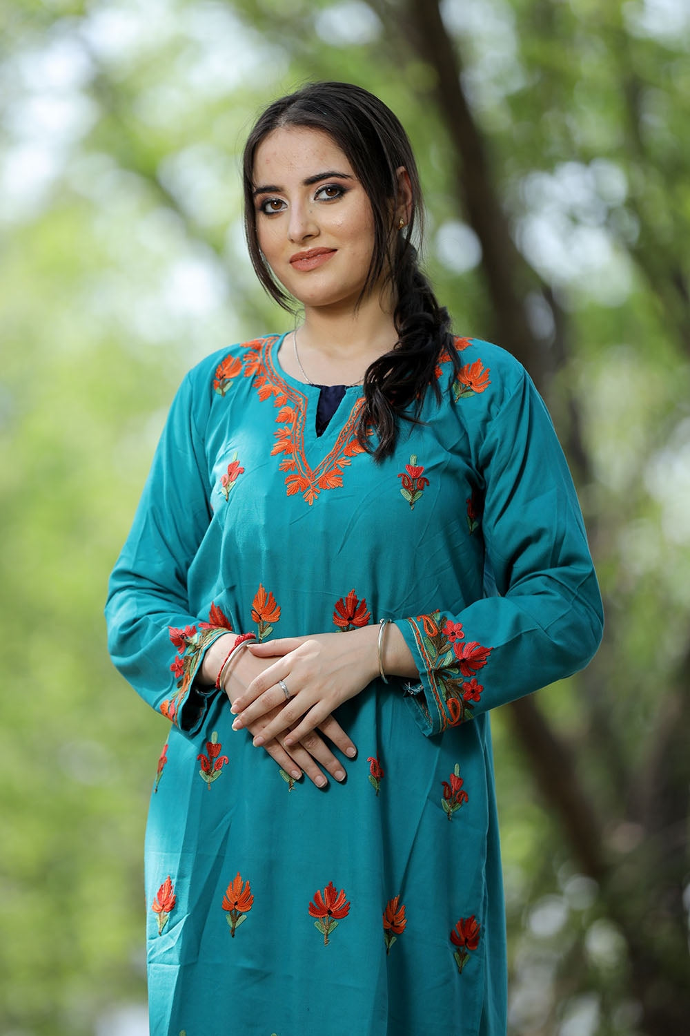 Turquoise Green Colour Cotton Kurti With Kashmiri Motifs