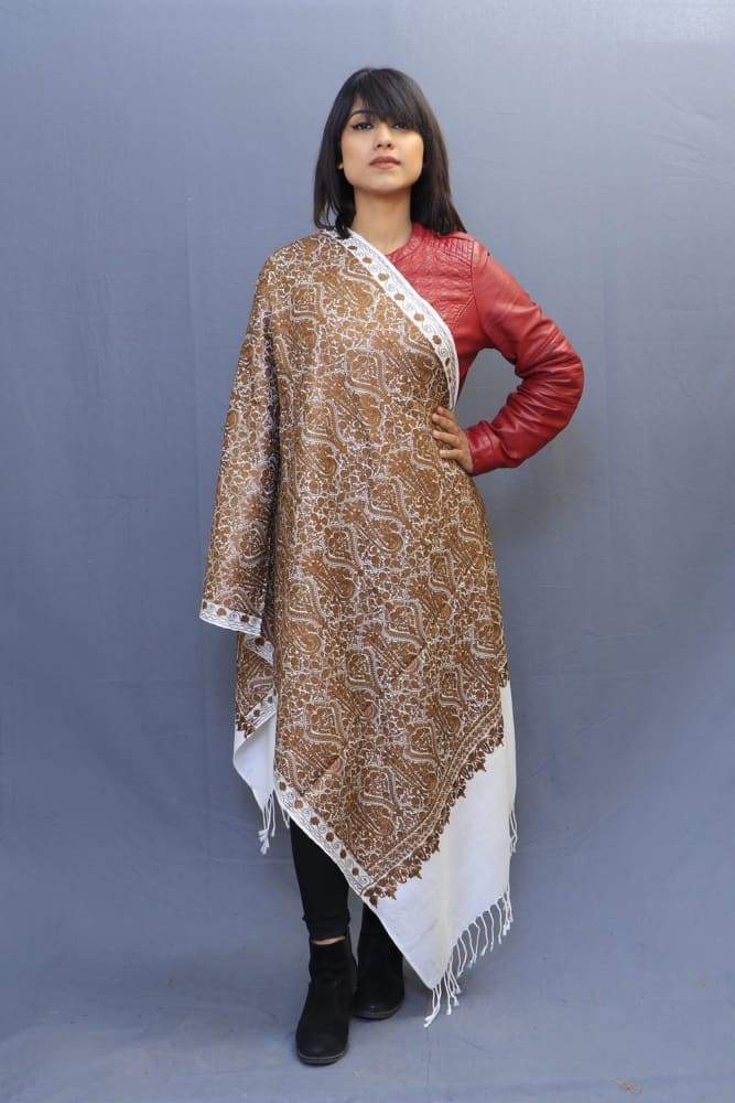 White Brown Colour Stole With Kashmiri Embroidery
