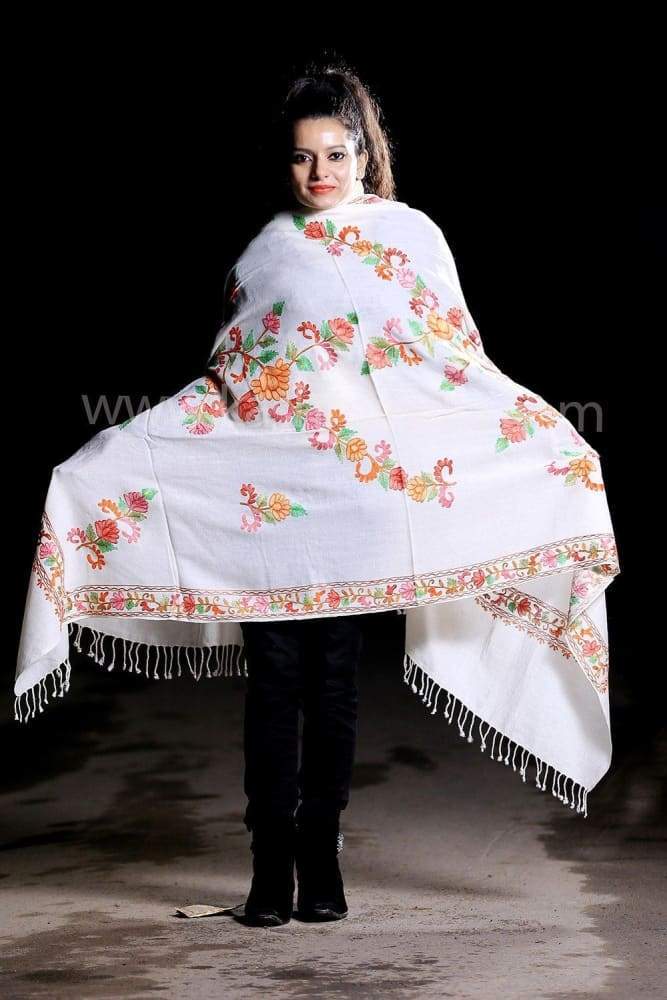 White Color Kashmiri Work Embroidered Shawl Enriched