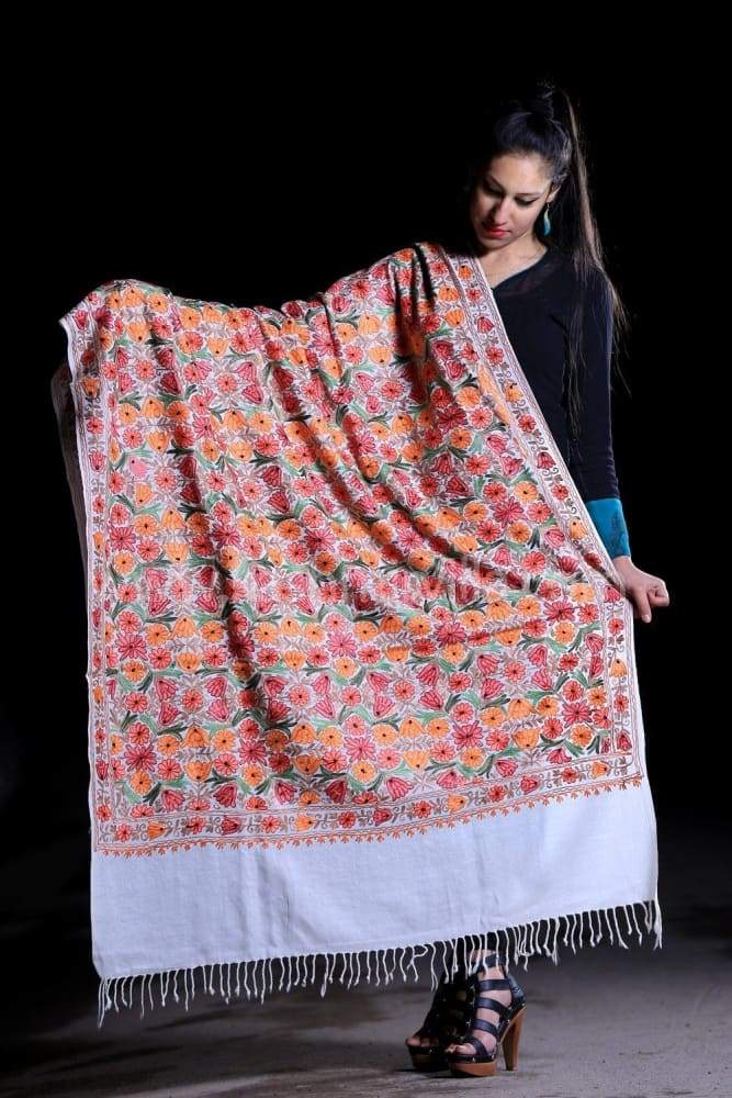 White Color Kashmiri Work Embroidered Shawl Enriched With